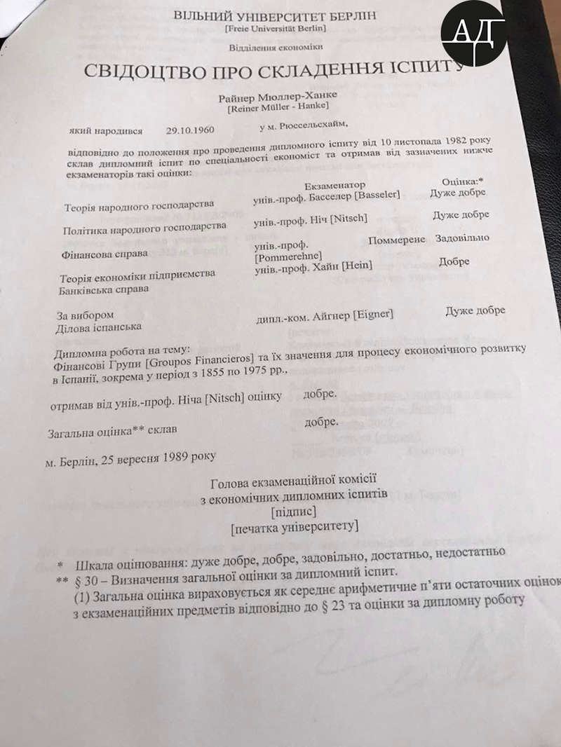 По информации акционеров, диплом об экономическом образовании немца - подделан. В наличии у него нет оригиналов документов об экономической специальности. Только ксерокопии.